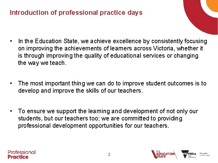 Introduction of professional practice days • In the Education State, we achieve excellence by
