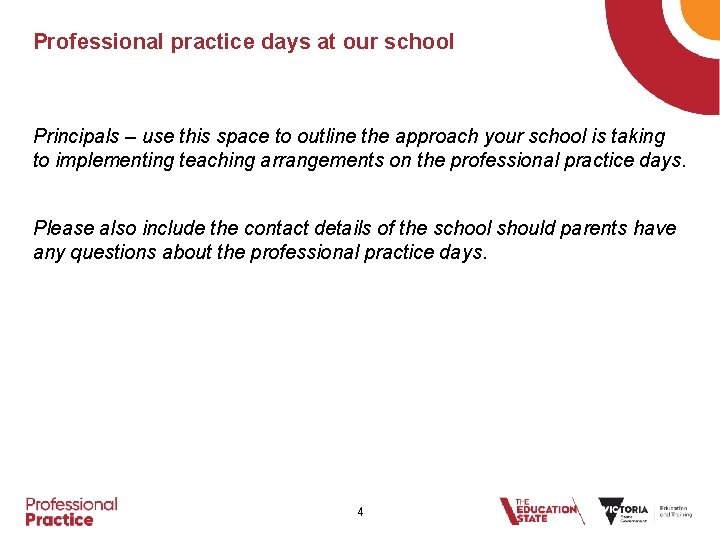 Professional practice days at our school Principals – use this space to outline the