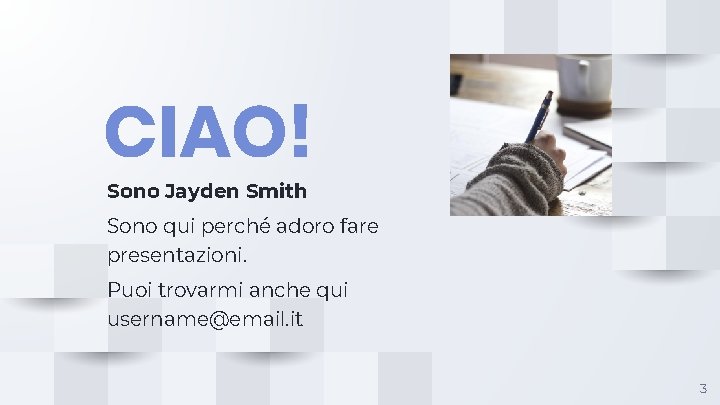 CIAO! Sono Jayden Smith Sono qui perché adoro fare presentazioni. Puoi trovarmi anche qui