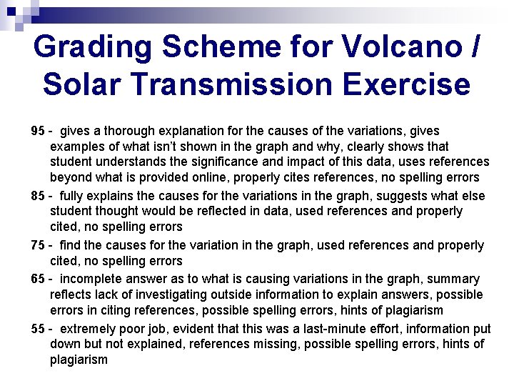 Grading Scheme for Volcano / Solar Transmission Exercise 95 - gives a thorough explanation