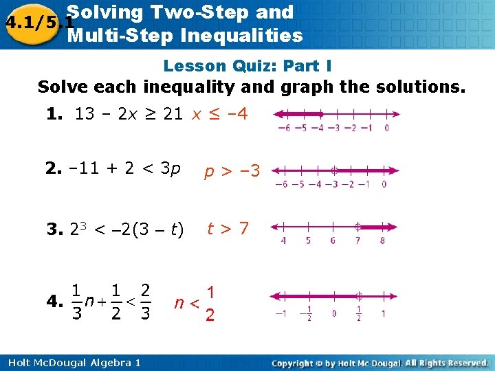 Solving Two-Step and 4. 1/5. 1 Multi-Step Inequalities Lesson Quiz: Part I Solve each