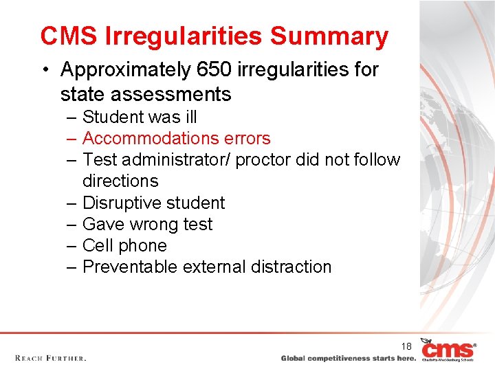 CMS Irregularities Summary • Approximately 650 irregularities for state assessments – Student was ill CMS Irregularities Summary • Approximately 650 irregularities for state assessments – Student was ill