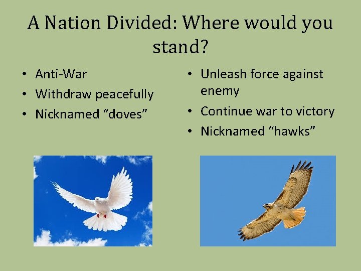 A Nation Divided: Where would you stand? • Anti-War • Withdraw peacefully • Nicknamed