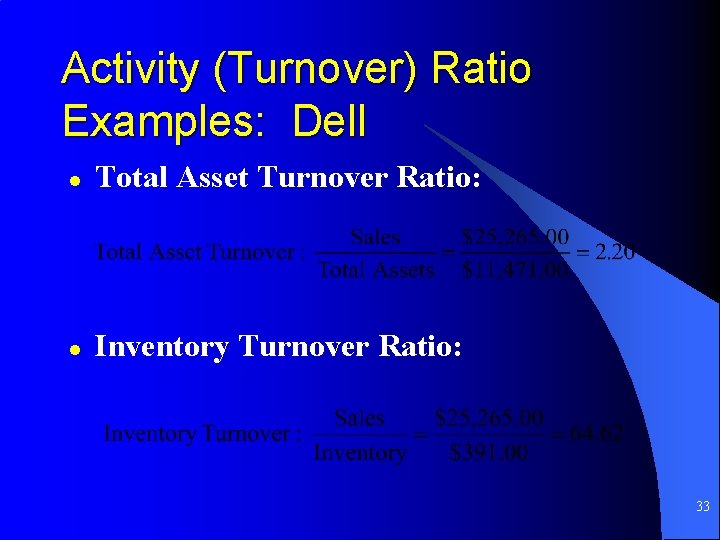 Activity (Turnover) Ratio Examples: Dell l Total Asset Turnover Ratio: l Inventory Turnover Ratio:
