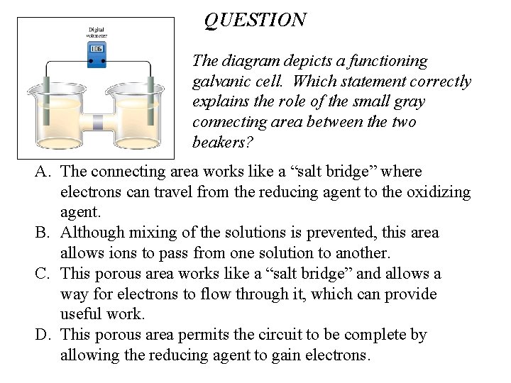 QUESTION The diagram depicts a functioning galvanic cell. Which statement correctly explains the role