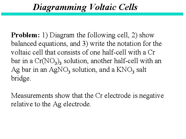 Diagramming Voltaic Cells Problem: 1) Diagram the following cell, 2) show balanced equations, and