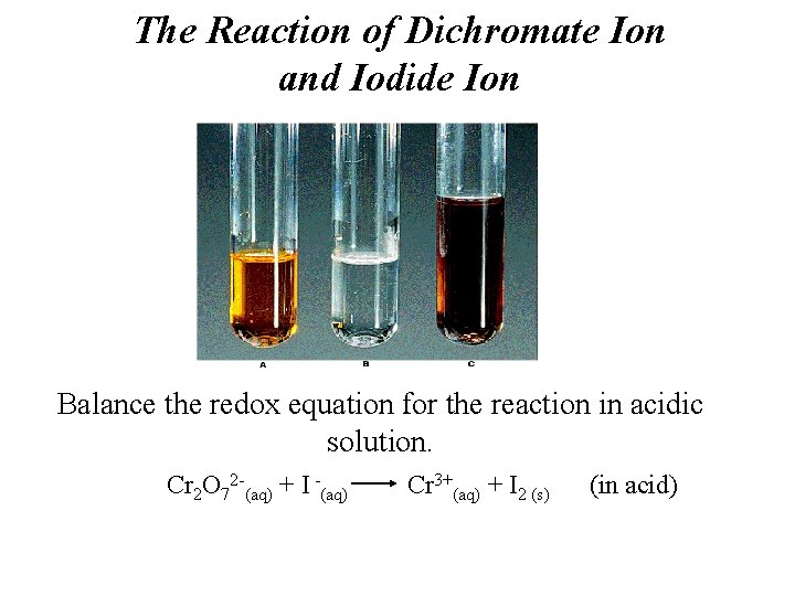 The Reaction of Dichromate Ion and Iodide Ion Balance the redox equation for the