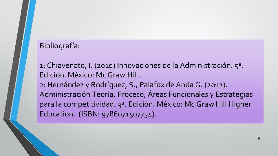 Bibliografía: 1: Chiavenato, I. (2010) Innovaciones de la Administración. 5ª. Edición. México: Mc Graw