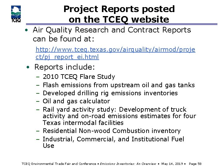 Project Reports posted on the TCEQ website • Air Quality Research and Contract Reports