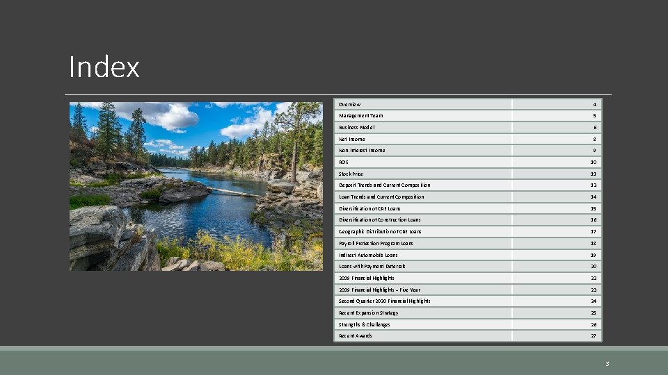 Index Overview 4 Management Team 5 Business Model 6 Net Income 8 Non-Interest Income