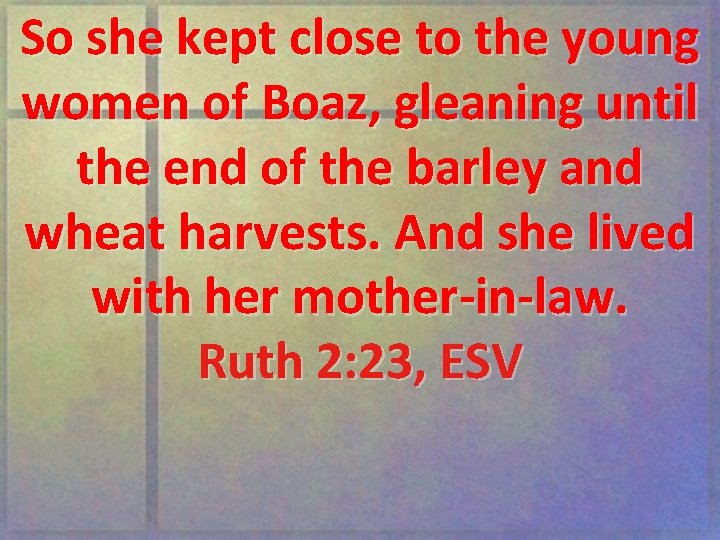 So she kept close to the young women of Boaz, gleaning until the end