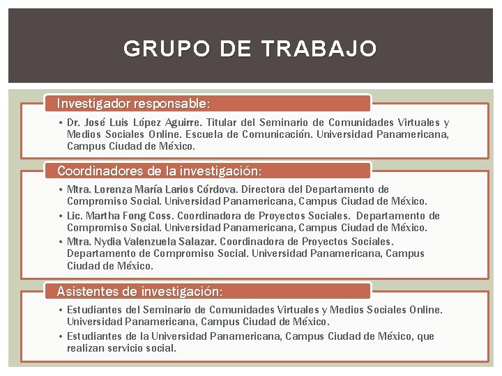 GRUPO DE TRABAJO Investigador responsable: • Dr. José Luis López Aguirre. Titular del Seminario