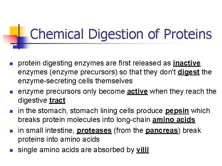 Chemical Digestion of Proteins n n n protein digesting enzymes are first released as Chemical Digestion of Proteins n n n protein digesting enzymes are first released as