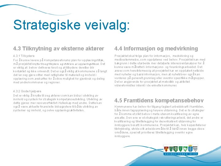 Strategiske veivalg: 4. 3 Tilknytning av eksterne aktører 4. 4 Informasjon og medvirkning 4. Strategiske veivalg: 4. 3 Tilknytning av eksterne aktører 4. 4 Informasjon og medvirkning 4.