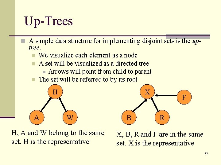 Up-Trees n A simple data structure for implementing disjoint sets is the up- tree.