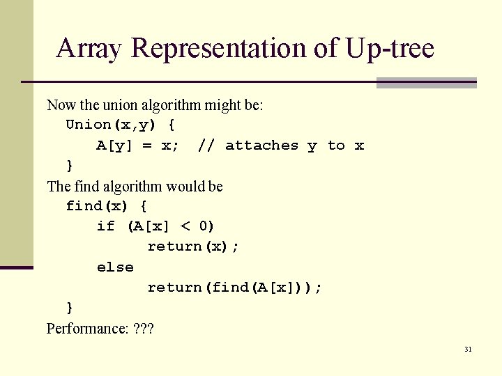 Array Representation of Up-tree Now the union algorithm might be: Union(x, y) { A[y]