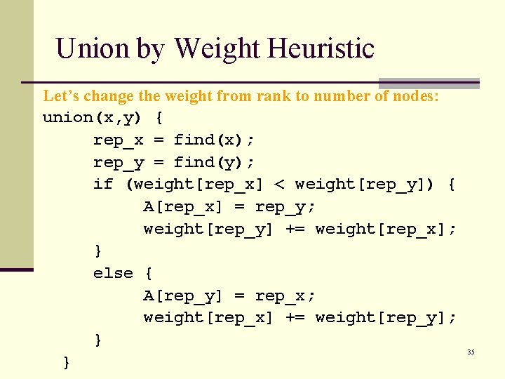 Union by Weight Heuristic Let’s change the weight from rank to number of nodes: