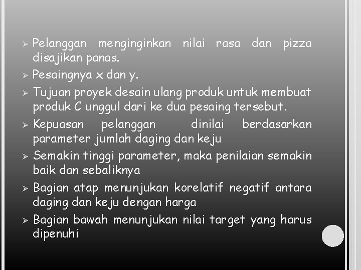 Ø Ø Ø Ø Pelanggan menginginkan nilai rasa dan pizza disajikan panas. Pesaingnya x