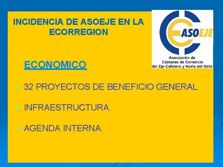 INCIDENCIA DE ASOEJE EN LA ECORREGION ECONOMICO Ø 32 PROYECTOS DE BENEFICIO GENERAL Ø