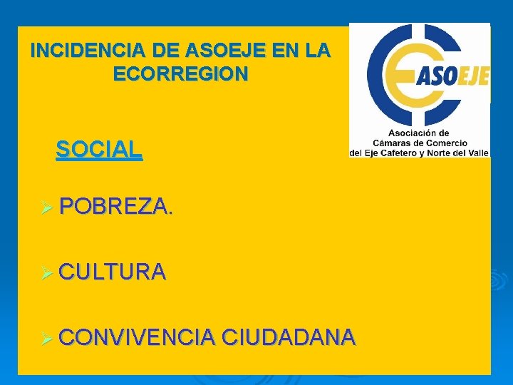 INCIDENCIA DE ASOEJE EN LA ECORREGION SOCIAL Ø POBREZA. Ø CULTURA Ø CONVIVENCIA CIUDADANA