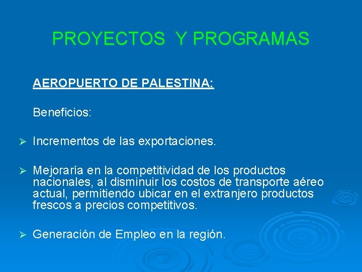 PROYECTOS Y PROGRAMAS AEROPUERTO DE PALESTINA: Beneficios: Ø Incrementos de las exportaciones. Ø Mejoraría