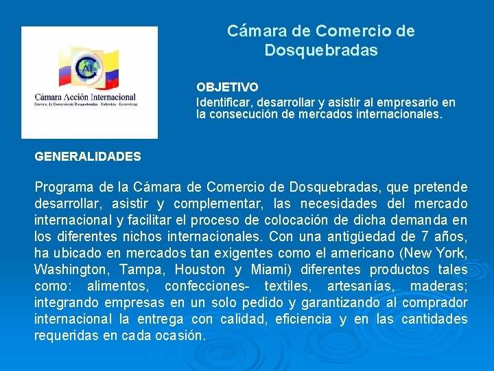 Cámara de Comercio de Dosquebradas OBJETIVO Identificar, desarrollar y asistir al empresario en la