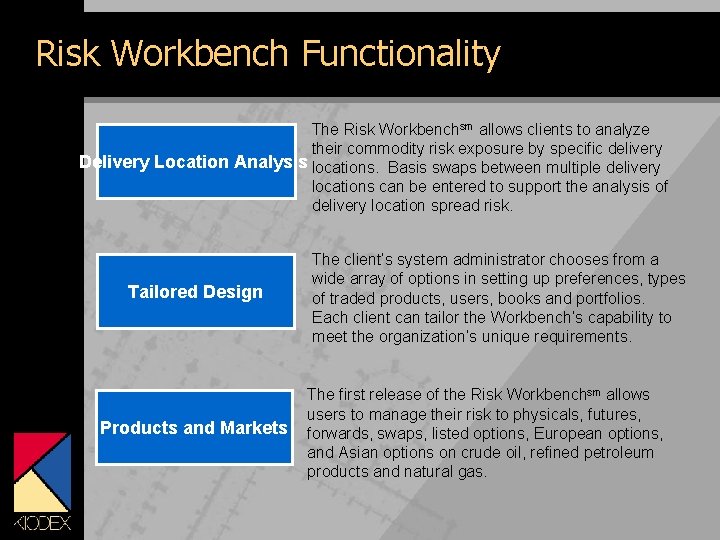Risk Workbench Functionality The Risk Workbenchsm allows clients to analyze their commodity risk exposure