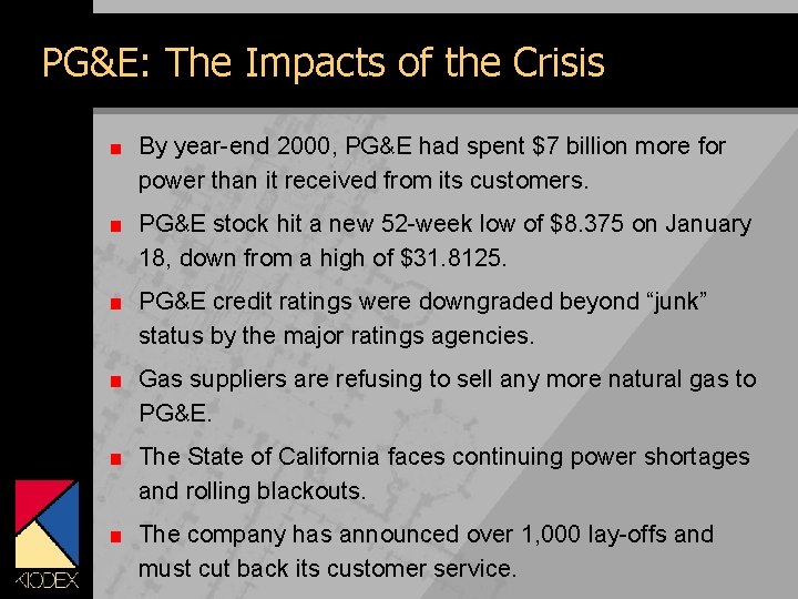 PG&E: The Impacts of the Crisis By year-end 2000, PG&E had spent $7 billion