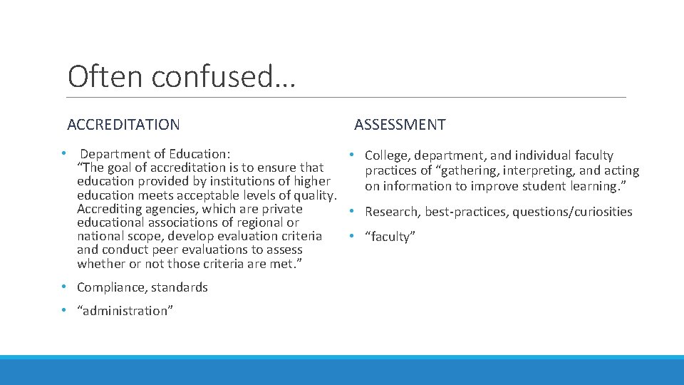 Often confused… ACCREDITATION ASSESSMENT • Department of Education: • College, department, and individual faculty
