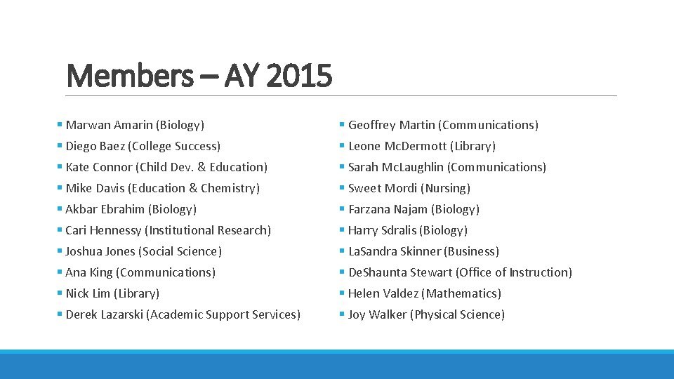 Members – AY 2015 § Marwan Amarin (Biology) § Geoffrey Martin (Communications) § Diego