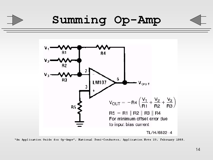 Summing Op-Amp “An Application Guide for Op-Amps”, National Semi-Conductor, Application Note 20, February 1969.