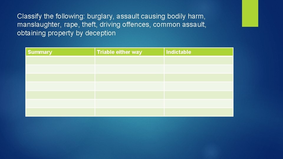 Classify the following: burglary, assault causing bodily harm, manslaughter, rape, theft, driving offences, common
