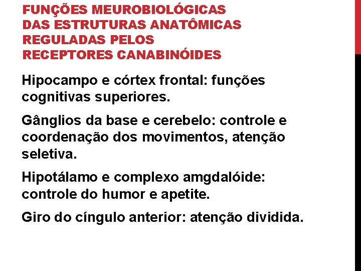 FUNÇÕES MEUROBIOLÓGICAS DAS ESTRUTURAS ANATÔMICAS REGULADAS PELOS RECEPTORES CANABINÓIDES Hipocampo e córtex frontal: funções