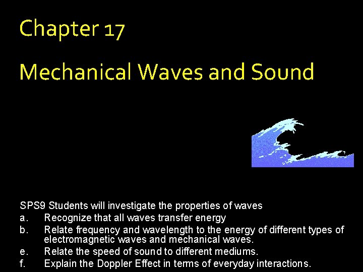 Chapter 17 Mechanical Waves and Sound SPS 9 Students will investigate the properties of Chapter 17 Mechanical Waves and Sound SPS 9 Students will investigate the properties of