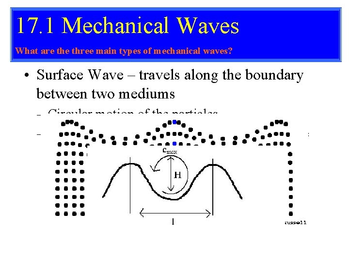 17. 1 Mechanical Waves What are three main types of mechanical waves? • Surface 17. 1 Mechanical Waves What are three main types of mechanical waves? • Surface
