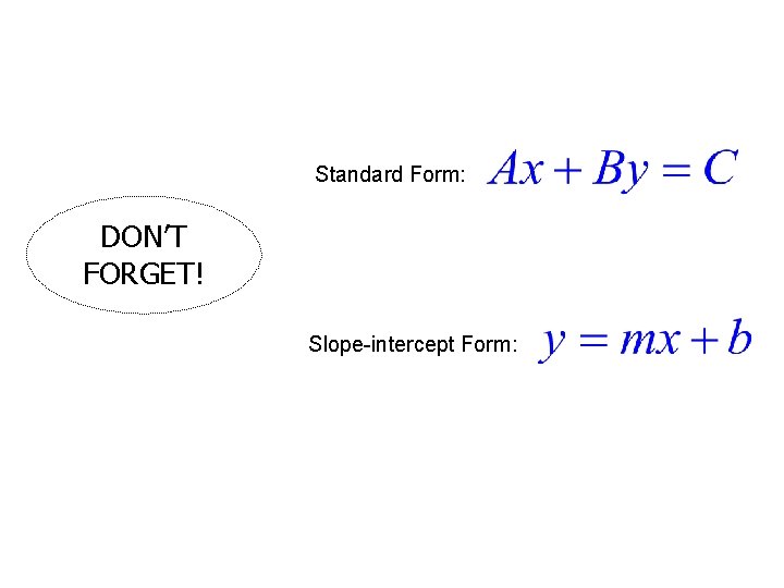 Standard Form: DON’T FORGET! Slope-intercept Form: 