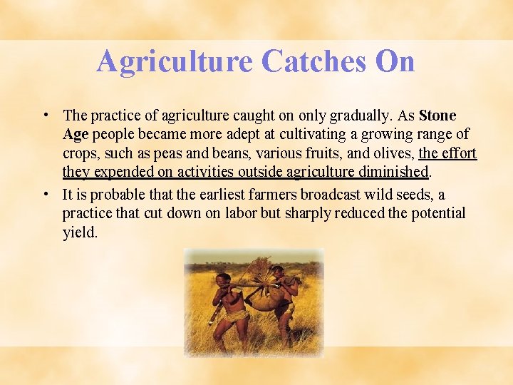 Agriculture Catches On • The practice of agriculture caught on only gradually. As Stone