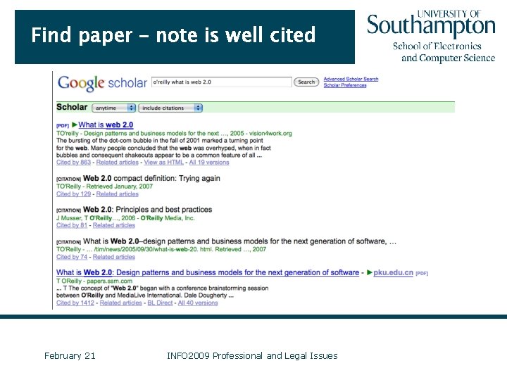 Find paper – note is well cited February 21 INFO 2009 Professional and Legal