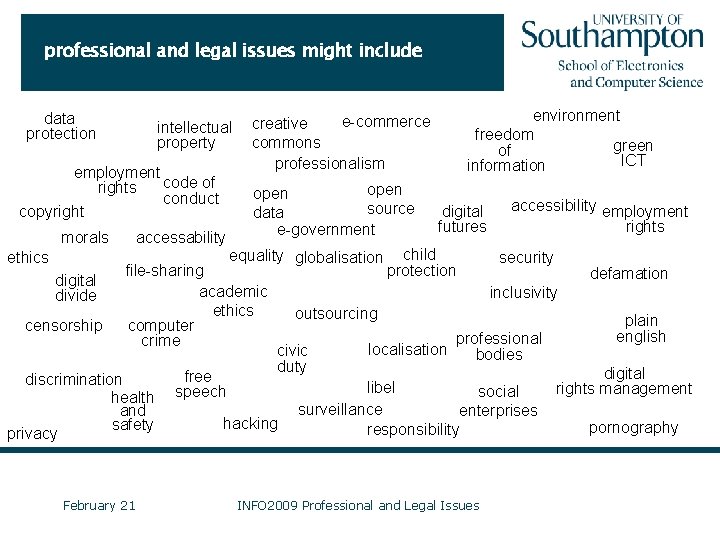 professional and legal issues might include data protection intellectual property employment code of rights