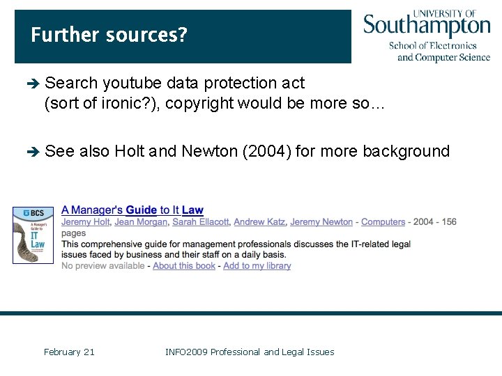 Further sources? è Search youtube data protection act (sort of ironic? ), copyright would