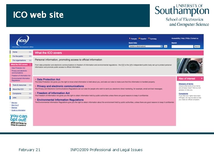 ICO web site February 21 INFO 2009 Professional and Legal Issues 
