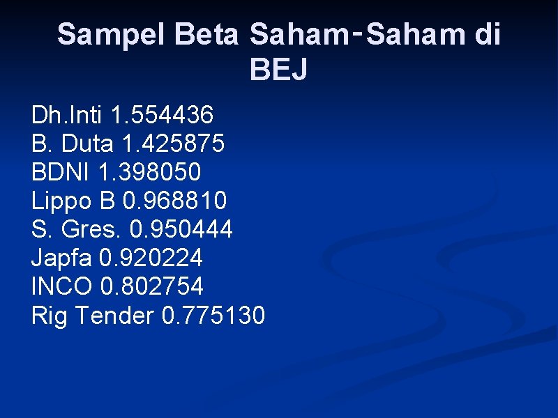 Sampel Beta Saham‑Saham di BEJ Dh. Inti 1. 554436 B. Duta 1. 425875 BDNI
