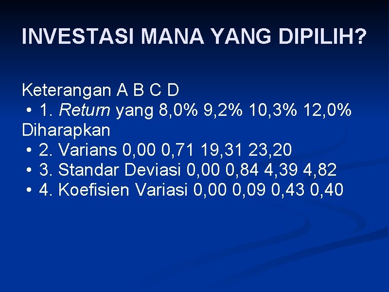 INVESTASI MANA YANG DIPILIH? Keterangan A B C D • 1. Return yang 8,