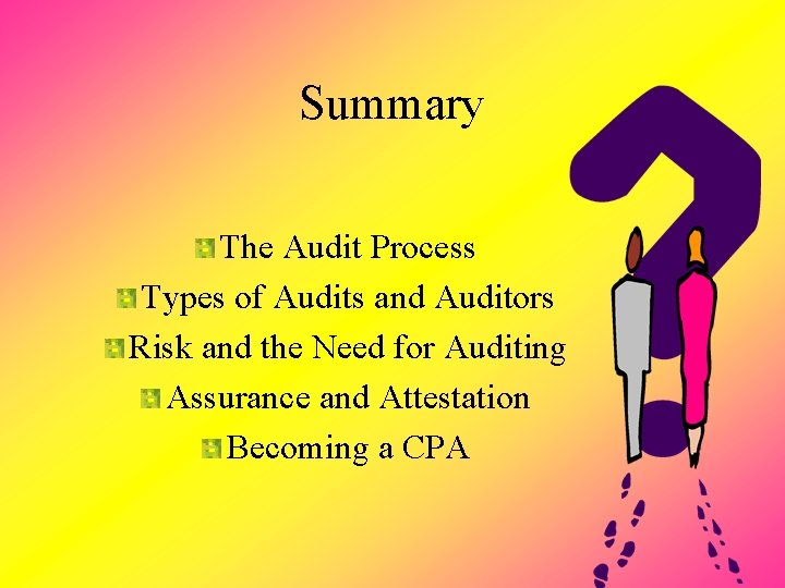 Summary The Audit Process Types of Audits and Auditors Risk and the Need for