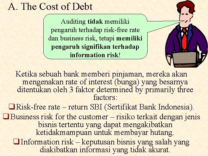 A. The Cost of Debt Auditing tidak memiliki pengaruh terhadap risk-free rate dan business
