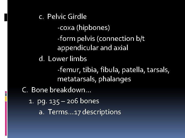 c. Pelvic Girdle -coxa (hipbones) -form pelvis (connection b/t appendicular and axial d. Lower c. Pelvic Girdle -coxa (hipbones) -form pelvis (connection b/t appendicular and axial d. Lower