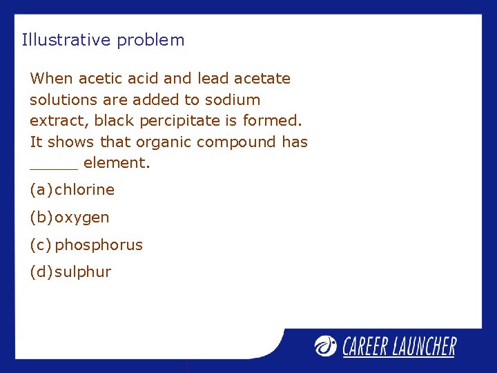 Illustrative problem When acetic acid and lead acetate solutions are added to sodium extract, Illustrative problem When acetic acid and lead acetate solutions are added to sodium extract,