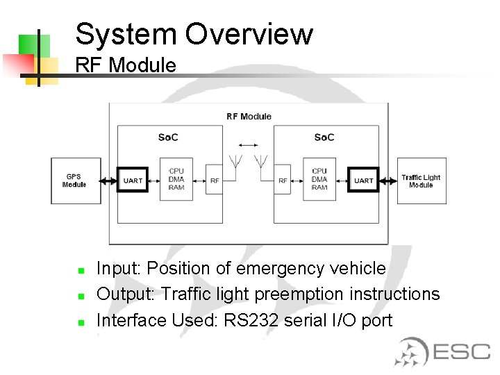 System Overview RF Module n n n Input: Position of emergency vehicle Output: Traffic