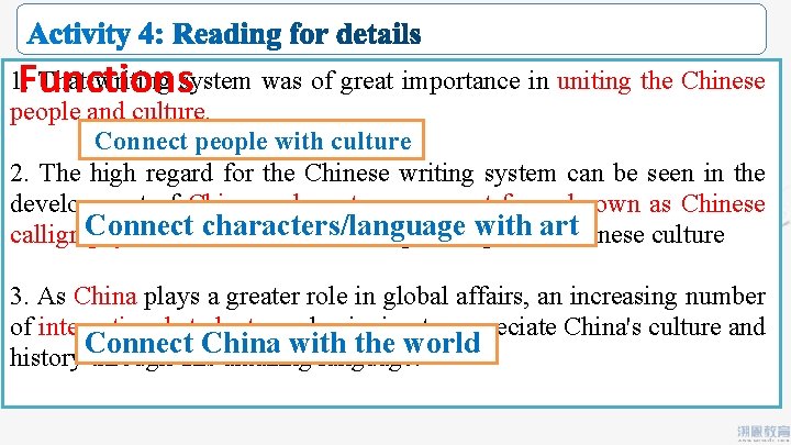 Functions 1. That writing system was of great importance in uniting the Chinese people