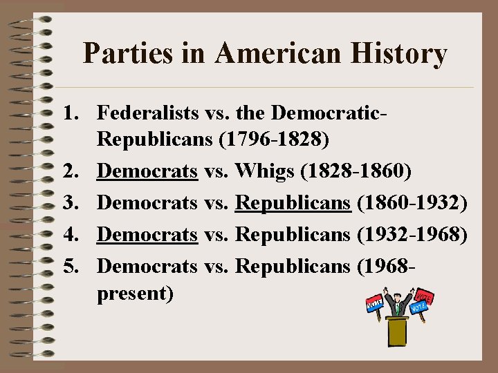 Parties in American History 1. Federalists vs. the Democratic. Republicans (1796 -1828) 2. Democrats Parties in American History 1. Federalists vs. the Democratic. Republicans (1796 -1828) 2. Democrats